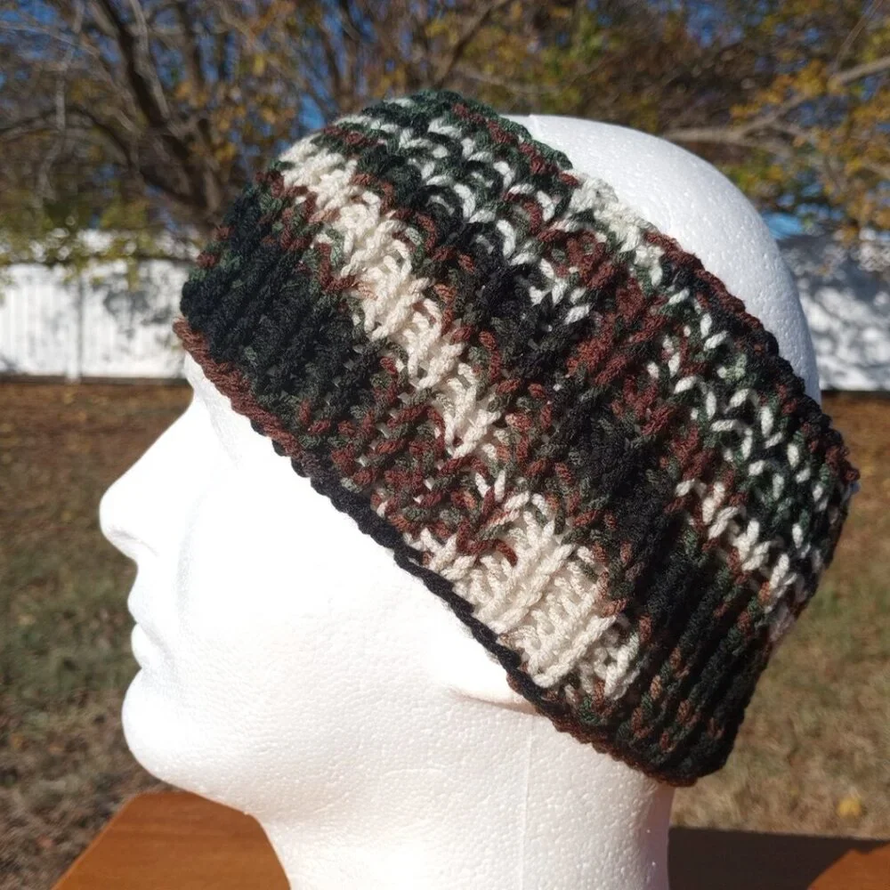 Men's Handmade Headband Circlet Bandeau Camo Black Brown Rib Knit USA Womens M/L - Picture 6 of 10
